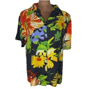 Moka Tropical Floral Top Women's MEDIUM  Rayon India Shoulder Pads 80's Vintage